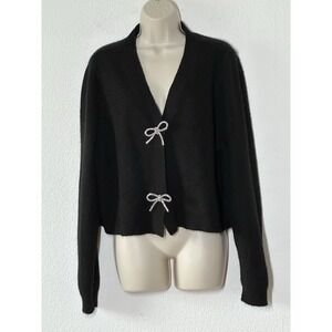Vtg Y2K Bebe Black Rib Knit Crop Cardigan Sweater Rhinestone Bows XL Coquette